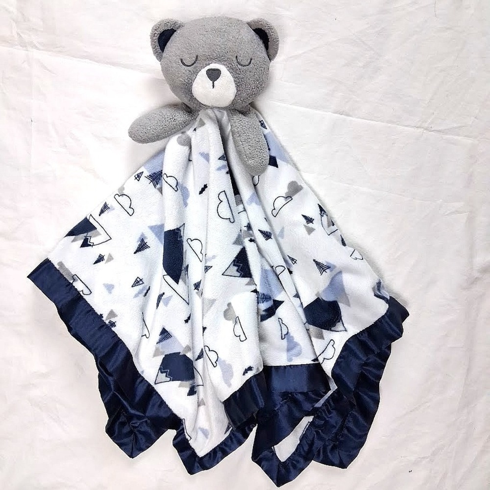 Just Born Big 24" Bear Baby Security Blanket Lovey Navy Satin Plush Mountain
